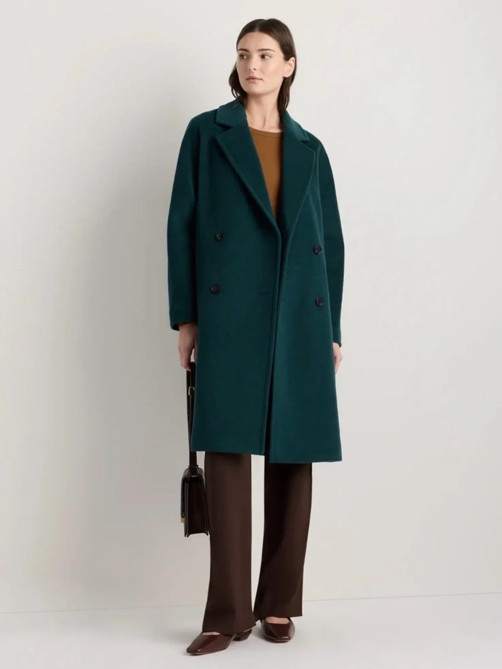 Quince Italian Wool and Cashmere Double Breasted Slouch Cost in Nocturn Green Lg